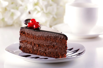 Delicious chocolate cake on plate on table on light background