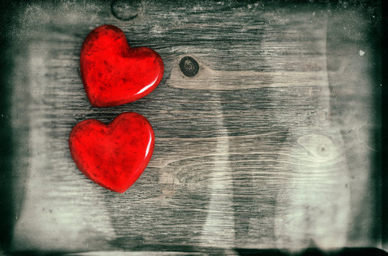 Red Hearts. Valentines Day. Vintage style with grunge effect