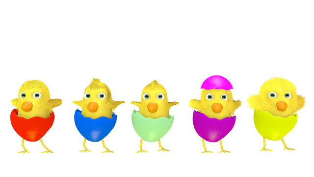 Group of amusing Easter chickens on white background
