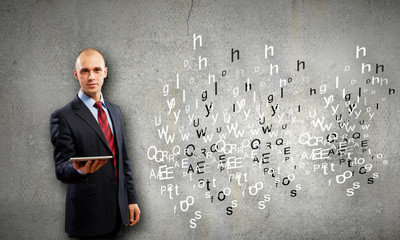 Man presenting tablet pc