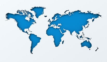 World map paper cutout with blue background