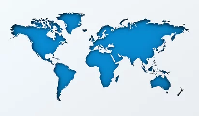 Poster World map paper cutout with blue background © ymgerman