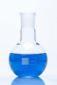 Spherical flat bottomed temperature resistant flask with blue li