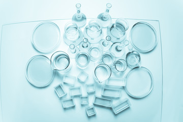 Set of laboratory glassware of different capacity and shapes wit