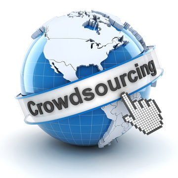 Crowdsourcing symbol with globe and cursor, 3d render