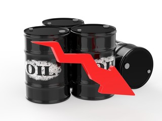 Oil Barrels with Red Arrow down. Financial crisis