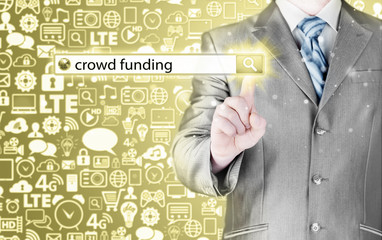 Businessman and crowd funding in search bar