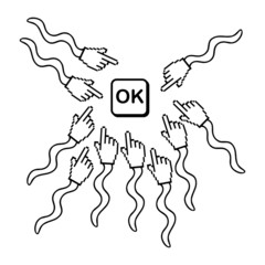 Pixel hand cursors icons pushing ok button, fertilization concep