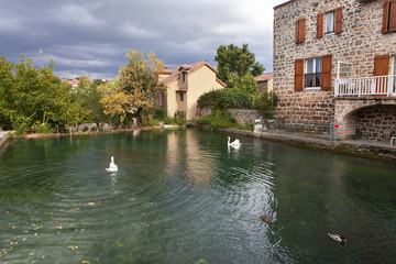 house and pond with swans