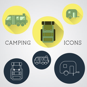 Set of outdoor adventure icons, badges and campsite logo emblems