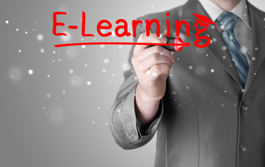 business man writing e-learning concept