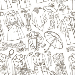 Outline Sketchy.Females outerwear,accessories seamless pattern