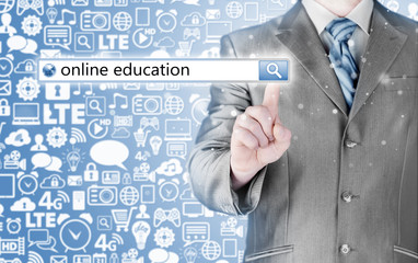 Online education written in search bar on virtual screen.