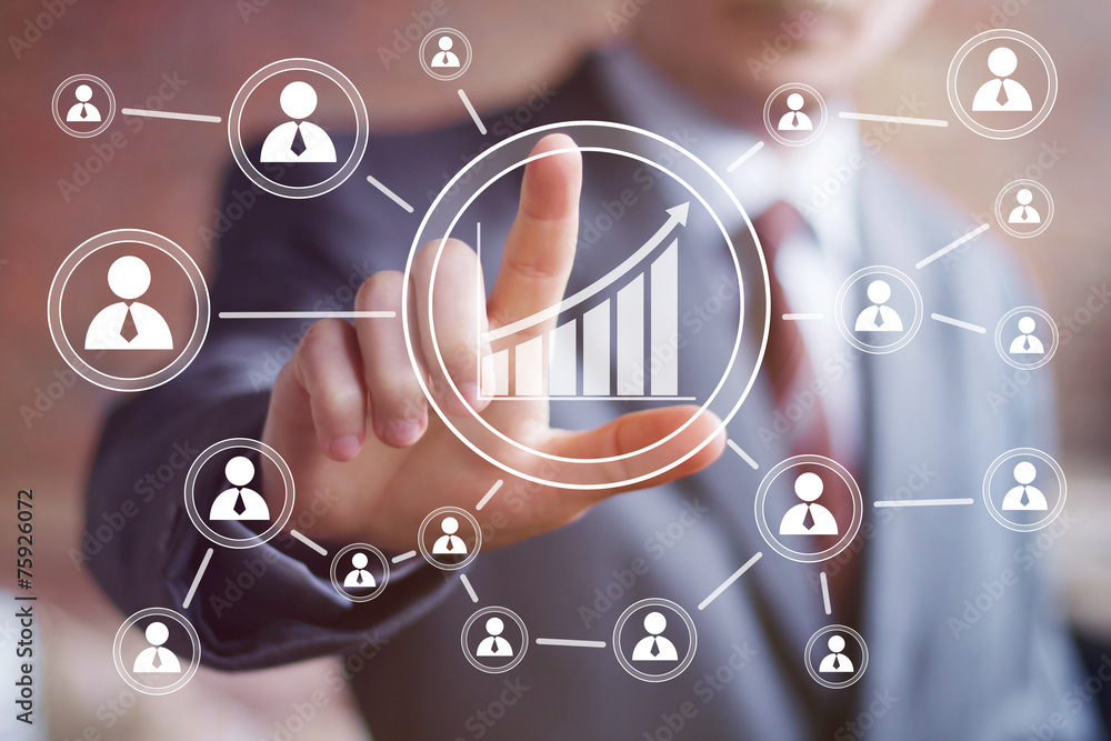 Poster man with chart business web diagram.