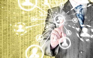 man hand pressing social media icon