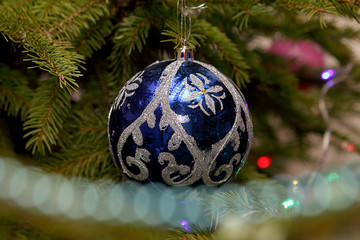 blue Christmas ball on the tree