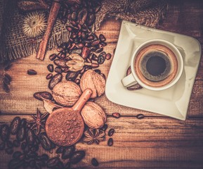 Coffee theme still-life on wooden table