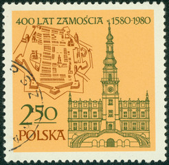 stamp printed in Poland shows Map and Old Town, Hall