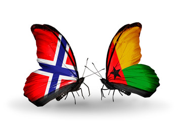 Two butterflies with flags Norway and Guinea Bissau