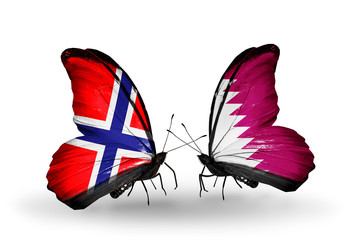 Two butterflies with flags Norway and Qatar