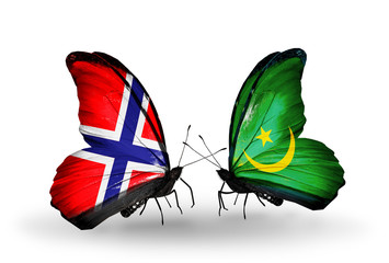 Two butterflies with flags Norway and Mauritania