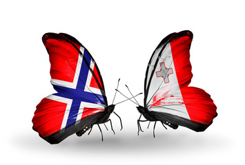 Two butterflies with flags Norway and Malta