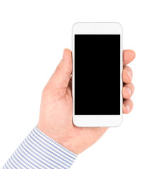 Hand holding smartphone with blank screen