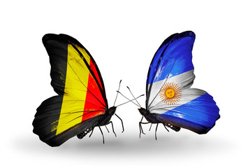 Fototapeta na wymiar Two butterflies with flags Belgium and Argentina