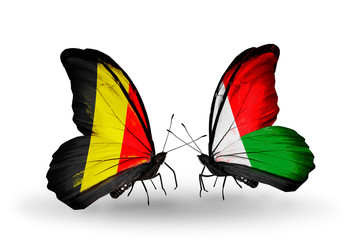 Two butterflies with flags Belgium and Madagascar