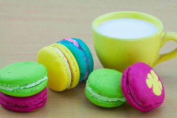 Colorful macarons set on table