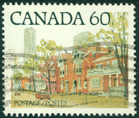 stamp printed in Canada with image of a Canadian urban landscape