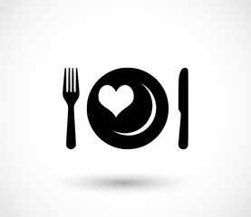 Fork, knife and plate with a heart icon vector