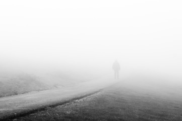 person walking on foggy road
