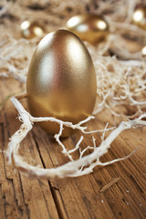 Golden eggs in nest on dark vintage wooden background