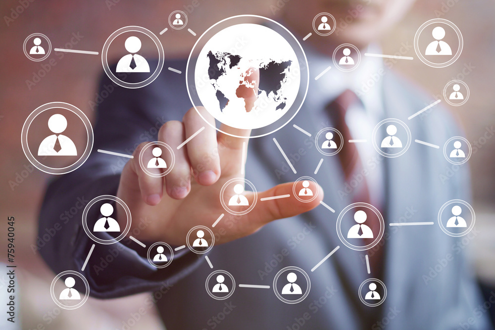 Poster businessman touch button interface web map icon