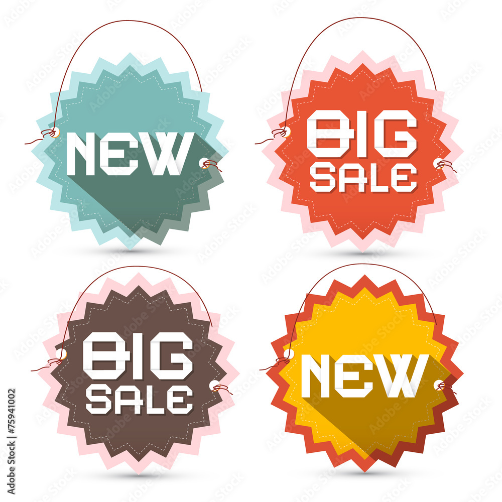 Poster big sale and new title on toothed labels with strings