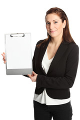 Smiling businesswoman and clipboard