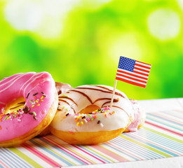 Colorful donuts with flag of USA