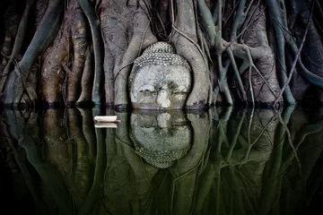 Zelfklevend Fotobehang Buddha Head Tree Roots flood in Wat Mahathat at Ayutthaya Historical Park Tree Roots flood © thattep