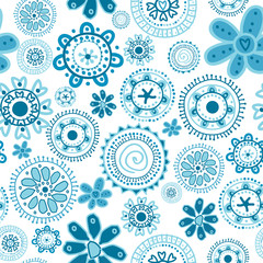 Floral seamless with doodle blue flowers