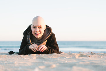 Real Female hairless fight against cancer at the beach - 75948826
