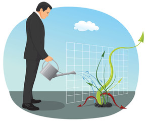 Businessman watering green and red plant arrow © iDraw