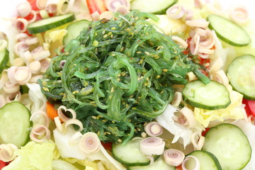 wakame seaweed salad on white background 
