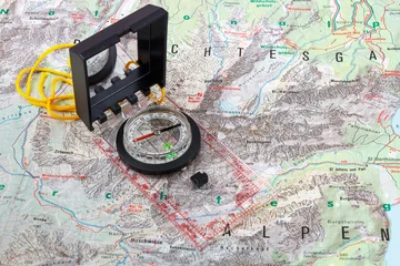 Room darkening curtains Mountaineering Compass on a hiking map of the Berchtesgaden Alps