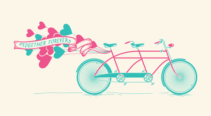 Together forever - vintage tandem bicycle with hearts balloons