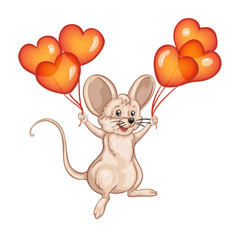 Cute  mouse with balloons in the form of heart.
