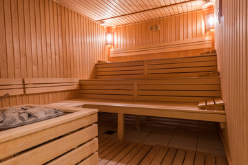 Fototapeta na wymiar New Finland-style classic wooden sauna