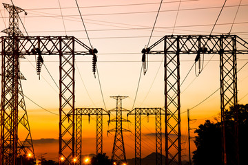High voltage post and sky in twilight time