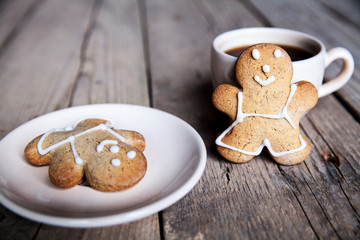 Christmas food. Gingerbread man cookies in Christmas setting.