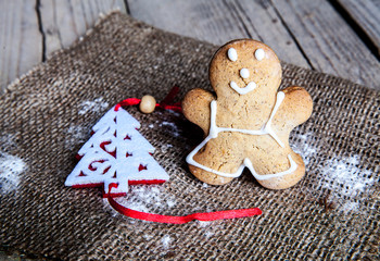 Christmas food. Gingerbread man cookies in Christmas setting.